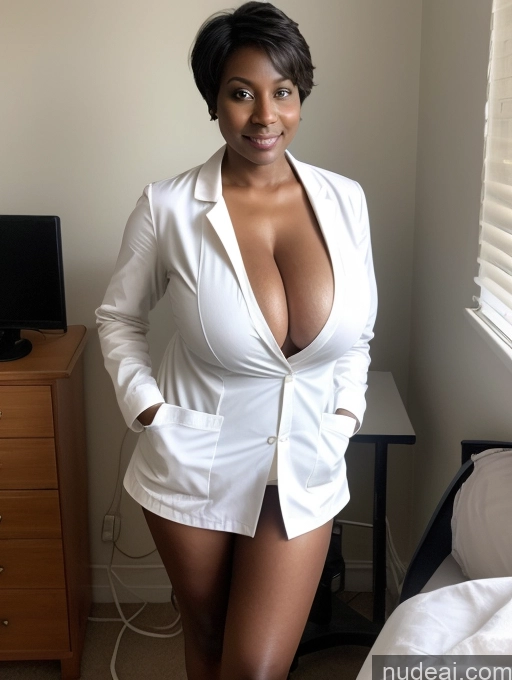 ai nude image of there is a woman in a white shirt and shorts posing for a picture pics of Milf Perfect Boobs Pixie Indian Bedroom Dark Lighting Dark Skin Partially Nude Nude Doctor Lab Coat Bra Huge Boobs