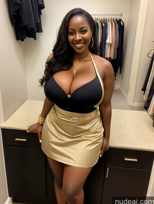 ai nude image of araffe woman in a black and gold dress posing in a closet pics of 30s Busty Huge Boobs Big Hips Perfect Boobs African Cleavage Happy Pearl Jewelry Jewelry Diamond Jewelry Gold Jewelry Changing Room Apron