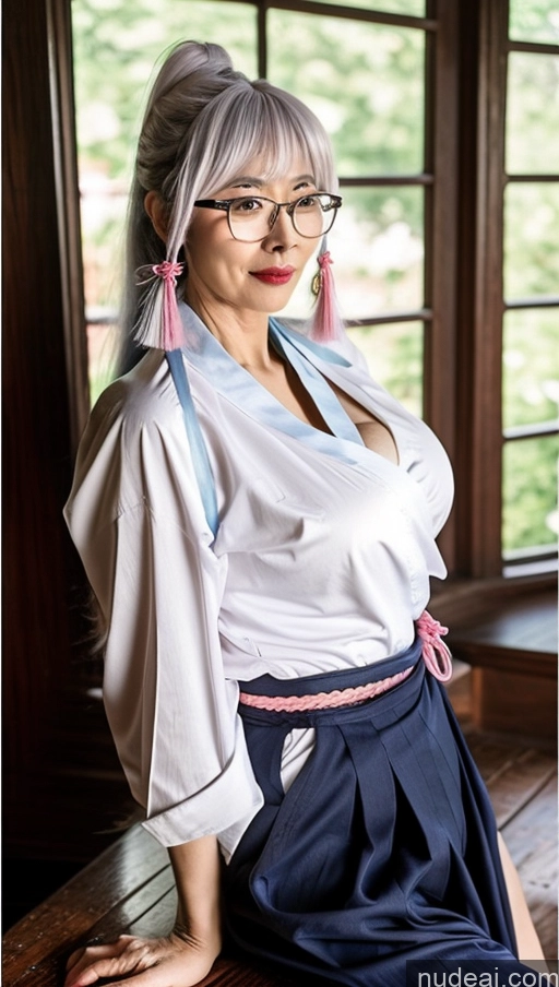 ai nude image of there is a woman with glasses sitting on a bench in front of a window pics of Milf One Busty Big Ass Big Hips Pubic Hair Fairer Skin 60s Asian Black Hair Lipstick Glasses Ayaka Kendo Uniform: Genshin Impact Cosplayers Partially Nude