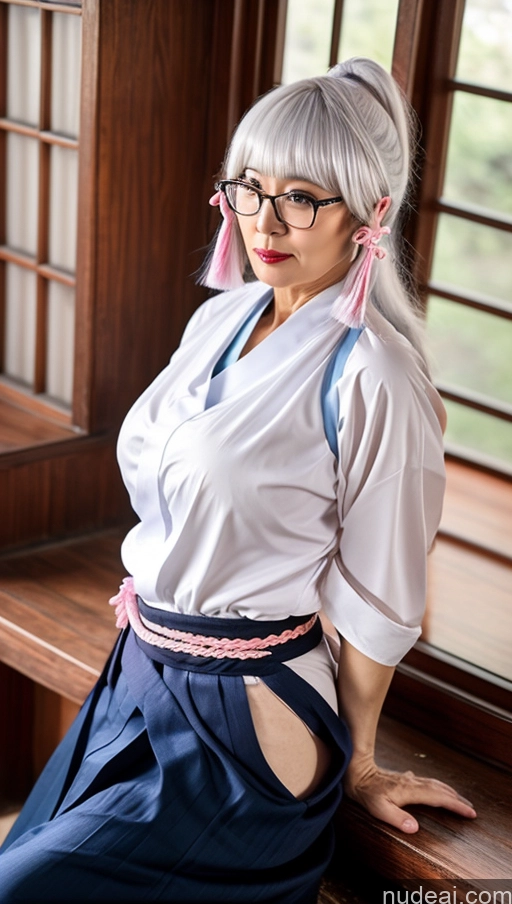 ai nude image of there is a woman with glasses and a pink bow sitting on a window sill pics of Milf One Busty Big Ass Big Hips Pubic Hair Fairer Skin 60s Asian Black Hair Lipstick Glasses Ayaka Kendo Uniform: Genshin Impact Cosplayers Nude