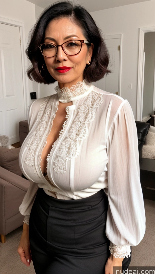 Milf One Busty Big Ass Big Hips Pubic Hair Fairer Skin 60s Asian Black Hair Lipstick Glasses Proper Attire EdgCT Wearing EdgCT Chic Top