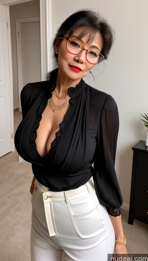 ai nude image of there is a woman wearing glasses and a black blouse posing for a picture pics of Milf One Busty Big Ass Big Hips Pubic Hair Fairer Skin 60s Asian Black Hair Lipstick Glasses Proper Attire EdgCT Wearing EdgCT Chic Top