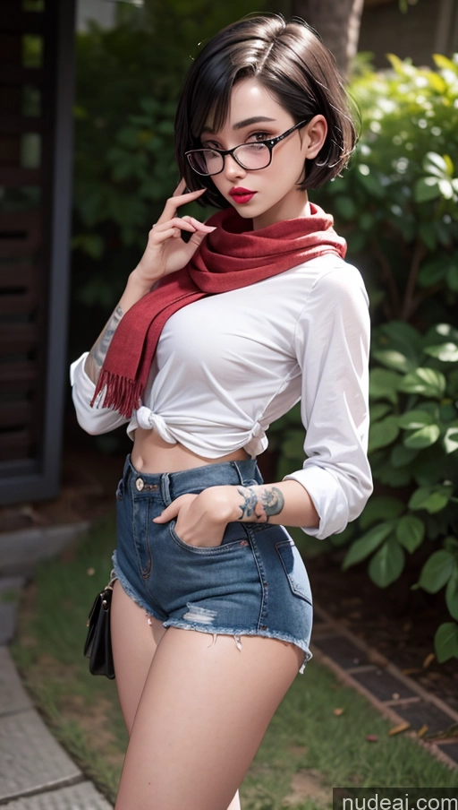 ai nude image of arafed woman with glasses and a scarf posing for a picture pics of One Beautiful Lipstick Tattoos Big Ass Small Tits Perfect Body 20s Seductive Sexy Face Ahegao Short Hair British 3d Sorority Simple Casual Bows High Heels Glasses Short Jeans Shirt Scarf