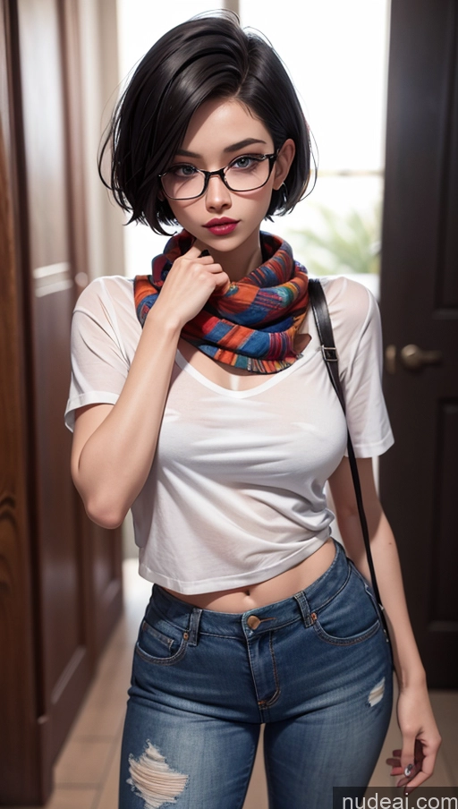 ai nude image of arafed woman with glasses and a scarf standing in a hallway pics of One Beautiful Lipstick Tattoos Big Ass Small Tits Perfect Body 20s Seductive Sexy Face Ahegao Short Hair British 3d Sorority Simple Casual Bows High Heels Glasses Short Jeans Shirt Scarf