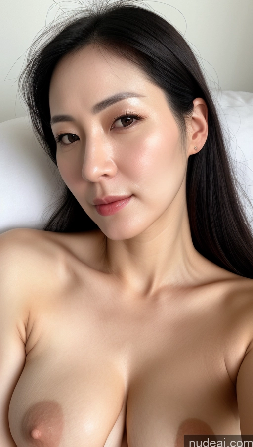 ai nude image of arafed asian woman with a very large breast laying on a bed pics of Woman One Beautiful Fairer Skin 40s Black Hair Slicked Korean Close-up View Detailed Simple Perfect Boobs