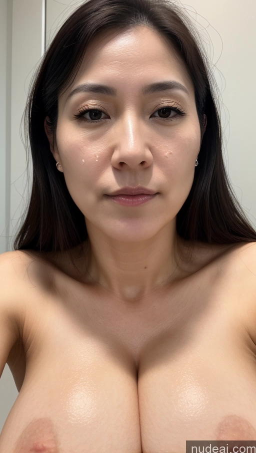 ai nude image of arafed asian woman with big breast showing off her big tits pics of Woman One Beautiful Fairer Skin 40s Black Hair Slicked Korean Close-up View Detailed Simple Huge Boobs Cumshot