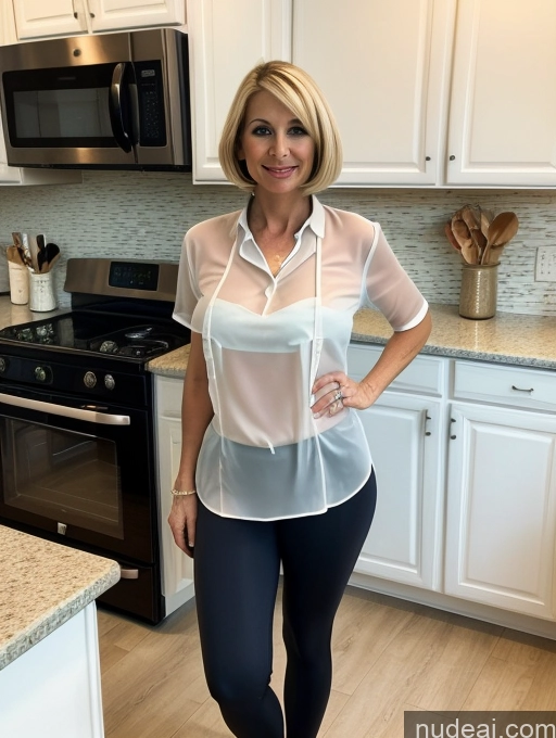 ai nude image of arafed woman in a white shirt and black pants standing in a kitchen pics of Blonde Bobcut Transparent Simple Front View 40s Sexy Face Milf Czech Blouse Shirt Yoga Pants Kitchen