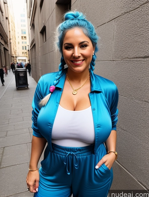 ai nude image of araffe woman with blue hair and a blue jacket posing for a picture pics of Milf Perfect Boobs Big Hips Big Ass 20s Happy Blue Hair Pigtails Street Front View Hip Hop Jumpsuit Gold Jewelry Bright Lighting