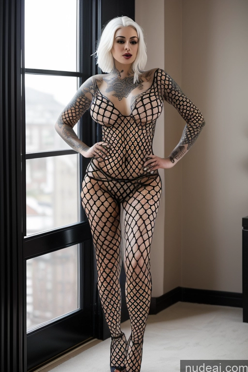 Lingerie Model Perfect Boobs Big Ass Big Hips Skinny Short Tattoos Goth 30s White Hair Topless Fishnet Heels