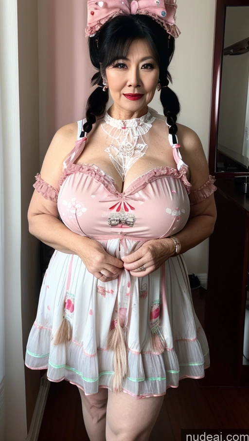 ai nude image of there is a woman in a pink dress posing for a picture pics of Milf One Busty Big Ass Big Hips Pubic Hair Fairer Skin Lipstick Asian Black Hair Sweet Style Dress V2 60s Pigtails