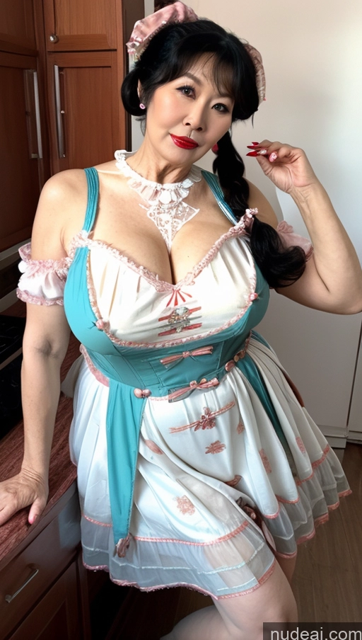 Milf One Busty Big Ass Big Hips Pubic Hair Fairer Skin Lipstick Asian Black Hair Sweet Style Dress V2 60s Pigtails