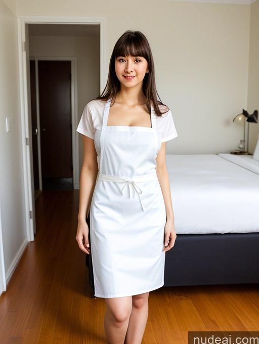 ai nude image of arafed woman in a white dress standing in a bedroom pics of One Woman Busty 18 Sexy Face Front View Bedroom Fairer Skin Korean Skinny Bangs Dress Maid Apron Black Hair