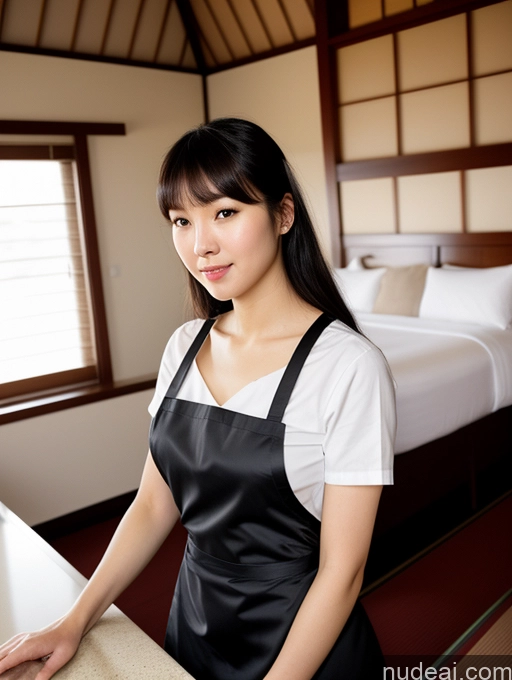 ai nude image of arafed woman in black apron standing in front of a counter pics of One Woman Busty 18 Sexy Face Front View Bedroom Fairer Skin Skinny Bangs Dress Maid Apron Black Hair Japanese