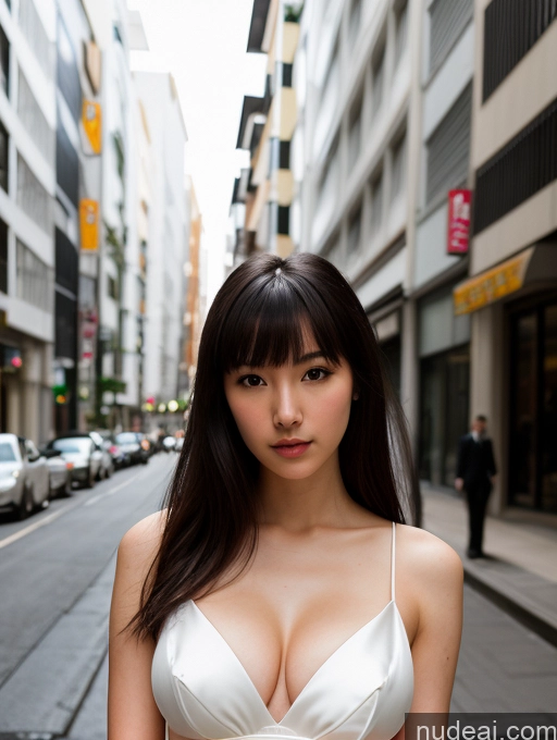 ai nude image of araffed asian woman in white dress standing on a city street pics of One Woman Busty 18 Sexy Face Front View Fairer Skin Skinny Bangs Black Hair Japanese Wedding Dress Perfect Body Perfect Boobs Street