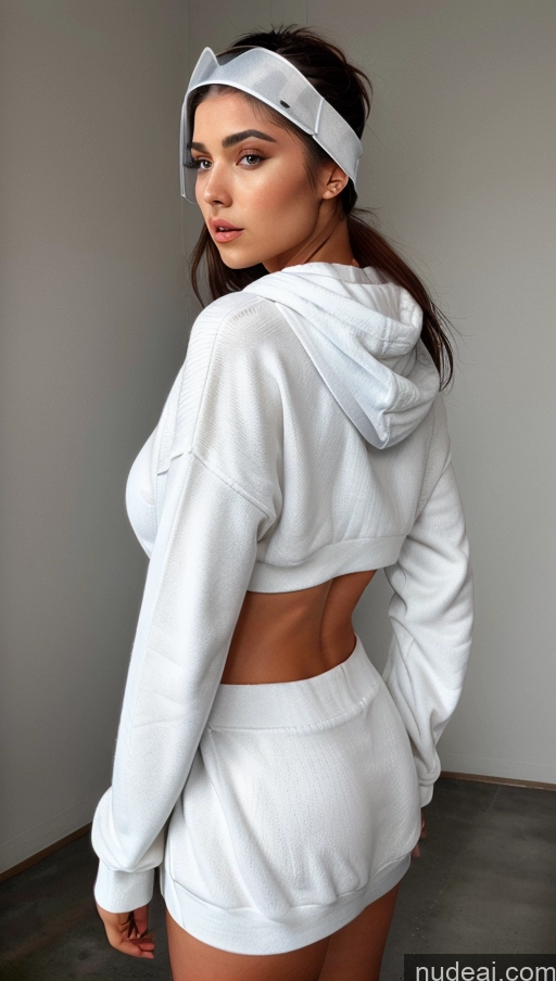 ai nude image of arafed woman in a white hoodie and shorts posing for a picture pics of Oversized Sweater/Hoodie Perfect Boobs Big Ass Futuristic