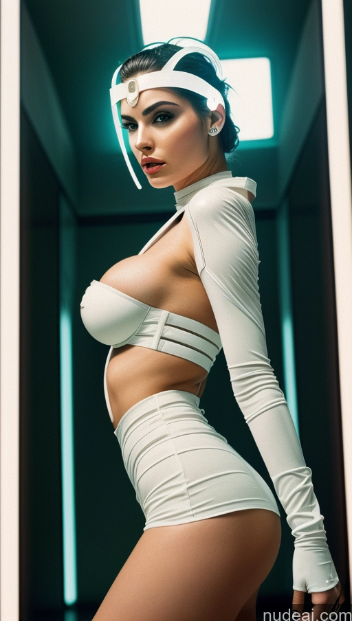 ai nude image of arafed woman in a white outfit posing in a room pics of Perfect Boobs Big Ass Futuristic Naked Bandage Front View