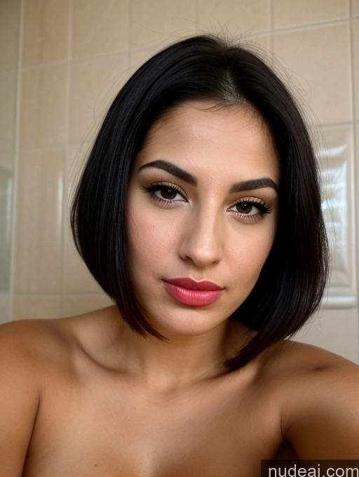 ai nude image of arafed woman with a pink lipstick and a black hair pics of Bending Over Busty Tanned Skin Seductive Serious Sad Sexy Face Shocked Laughing Bathroom Black Hair Bobcut Jewish 30s Close-up View Sorority Pouting Lips