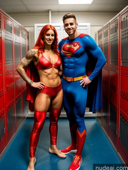 ai nude image of araffe and a man in a superman costume posing for a picture pics of Pubic Hair Film Photo Front View Bright Lighting Detailed Beautiful Muscular Tall Devil Happy Long Hair Superhero Perfect Body Long Legs 20s Nude Two Small Tits Tattoos Big Ass Bodybuilder Ginger Persian Locker Room