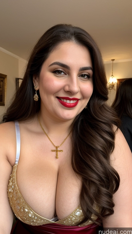 ai nude image of araffe woman with big breast wearing a gold dress and a cross necklace pics of Milf Busty Beautiful Lipstick Chubby Thick Fat Big Hips Fairer Skin 20s Happy Seductive Brunette Long Hair Russian Party Front View Straddling Nun Bra Scarf Victorian Cleavage Gold Jewelry Sari