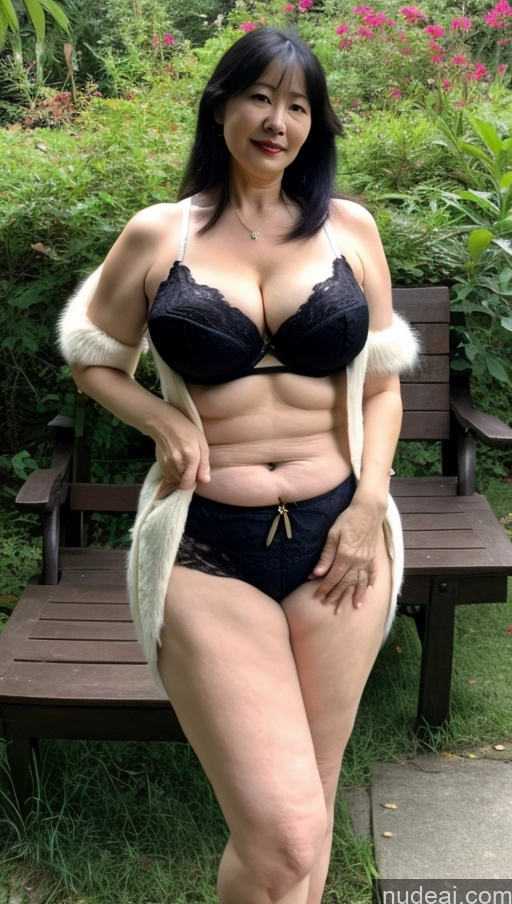 ai nude image of araffe woman in a black bikini and fur coat posing for a picture pics of Milf One Busty Pubic Hair Fairer Skin Big Hips Big Ass Black Hair Asian 60s Ning Guang: Genshin Impact Cosplayers