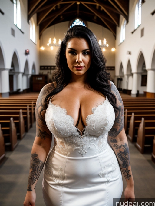 ai nude image of arafed woman in a white dress standing in a church pics of Busty Perfect Boobs Tattoos Small Ass Chubby Long Legs Pubic Hair 30s Serious Black Hair Model Church Wedding