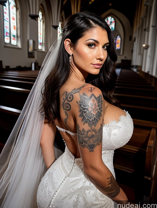 ai nude image of arafed woman in a wedding dress sitting in a church pics of Busty Perfect Boobs Tattoos Long Legs Pubic Hair 30s Serious Black Hair Church Big Ass Skinny Woman Wedding Round Ass