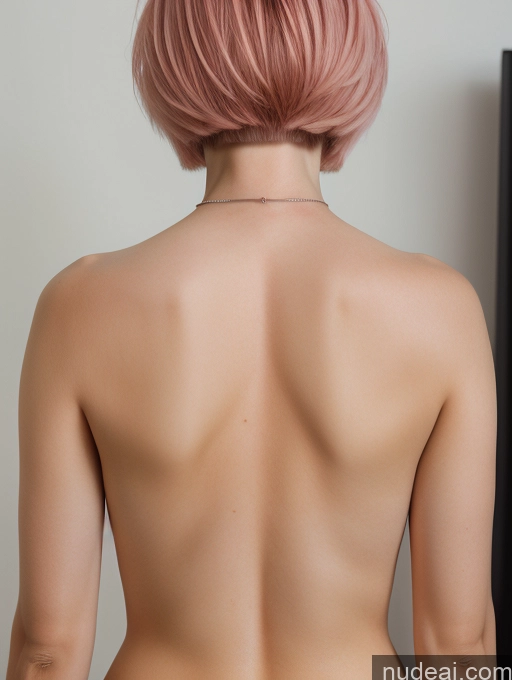 Woman Small Tits German Nude Undressing Short Hair 30s Pink Hair Biting Lip Back View