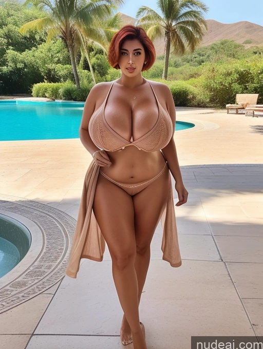 ai nude image of araffe woman in a bikini and robe standing by a pool pics of Bimbo Busty Huge Boobs Perfect Boobs Big Ass Thick Big Hips Long Legs Perfect Body Tanned Skin Oiled Body Short Hair Irish Nude Salwar Chubby