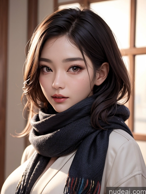 ai nude image of arafed woman with a scarf and a jacket posing for a picture pics of Korean Perfect Boobs Scarf