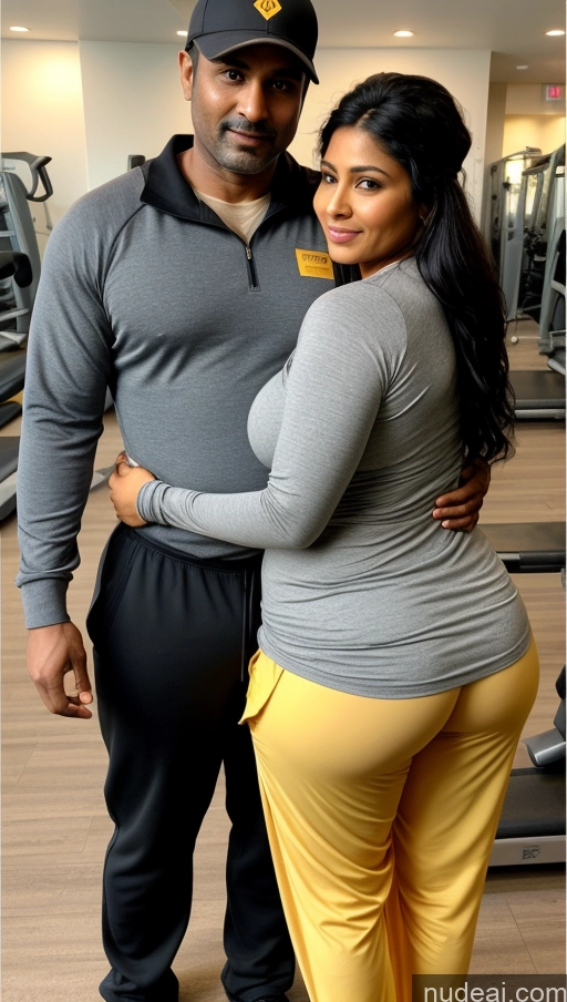 ai nude image of there is a man and woman standing in a gym together pics of Woman + Man Big Ass Perfect Boobs Thick Fat Big Hips Perfect Body Pubic Hair Sexy Face Seductive Front View T-pose Detailed Black Hair Indian Beautiful Short 40s Skin Detail (beta) Tanned Skin Construction Worker Blouse Harem Pants Gym