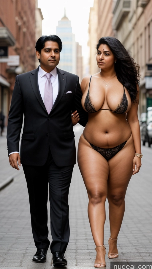 ai nude image of araffe woman in a black bikini and a man in a suit pics of Woman + Man Big Ass Perfect Boobs Thick Big Hips Perfect Body Pubic Hair Sexy Face Seductive Front View T-pose Detailed Black Hair Indian Beautiful Short Skin Detail (beta) Fat 40s Suit Street Sari