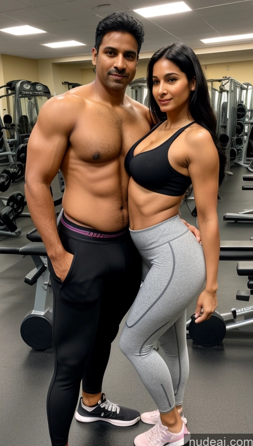 ai nude image of arafed man and woman posing for a picture in a gym pics of Woman + Man Big Ass Perfect Boobs Thick Big Hips Perfect Body Pubic Hair Sexy Face Seductive Front View Detailed Black Hair Indian Beautiful Short Skin Detail (beta) Fat 40s Cleavage Gym Yoga Pants Sports Bra Polo