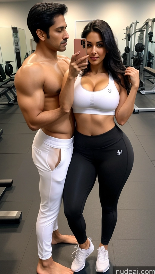 ai nude image of arafed man and woman taking a selfie in a gym pics of Woman + Man Big Ass Perfect Boobs Thick Big Hips Perfect Body Pubic Hair Sexy Face Seductive Front View Detailed Black Hair Indian Beautiful Short Fat 40s Cleavage Gym Yoga Pants Sports Bra Polo Sports Mirror Selfie