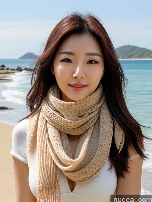 ai nude image of arafed asian woman standing on a beach with a scarf around her neck pics of Korean Perfect Boobs Scarf Beach