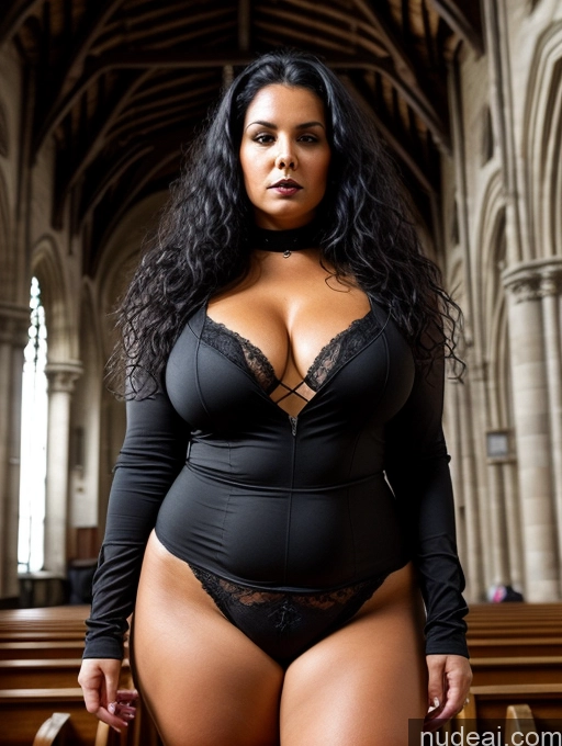 ai nude image of araffe woman in a black lingerie posing in a church pics of Perfect Boobs Big Ass Chubby Big Hips Short Pubic Hair Long Hair Tanned Skin 40s Serious Black Hair French Church Goth