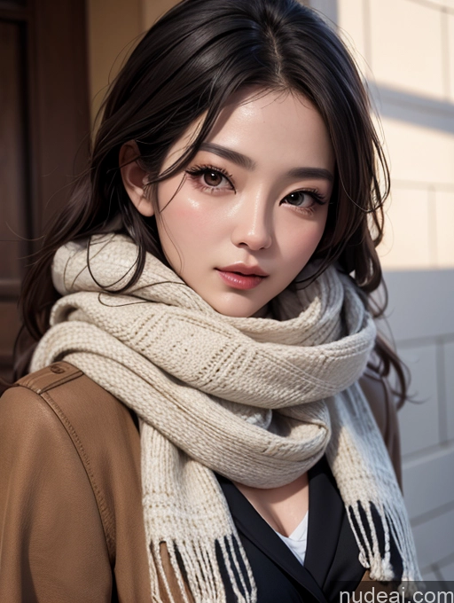 ai nude image of arafed woman wearing a scarf and jacket standing in front of a building pics of Korean Perfect Boobs Scarf