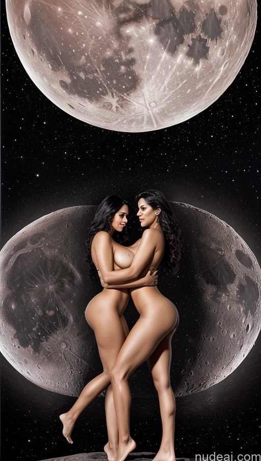 ai nude image of two women are standing in front of a large moon pics of Big Ass Perfect Boobs Thick Big Hips Perfect Body Pubic Hair Sexy Face Seductive Detailed Black Hair Indian Beautiful Short Surrealist Nude 30s Front View Two Busty Straddling Woman + Man Moon