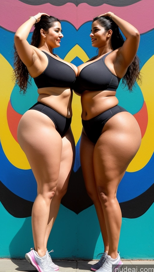 ai nude image of two women in black bikinis standing next to a colorful wall pics of Woman + Man Huge Boobs Beautiful Big Ass Thick Big Hips Perfect Body Tanned Skin 30s Sexy Face Black Hair Indian Surrealist Gym Front View Sports Bra Yoga Pants Cleavage Detailed Fat