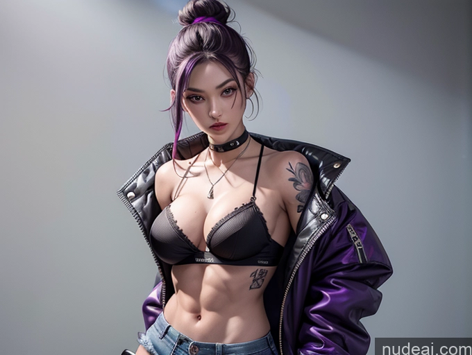 ai nude image of arafed woman with purple hair and piercings posing for a picture pics of Perfect Boobs Busty Tattoos Muscular Abs Perfect Body Fairer Skin 18 Seductive Japanese Cleavage Hair Bun Purple Hair Choker Fishnet Jacket Mini Skirt