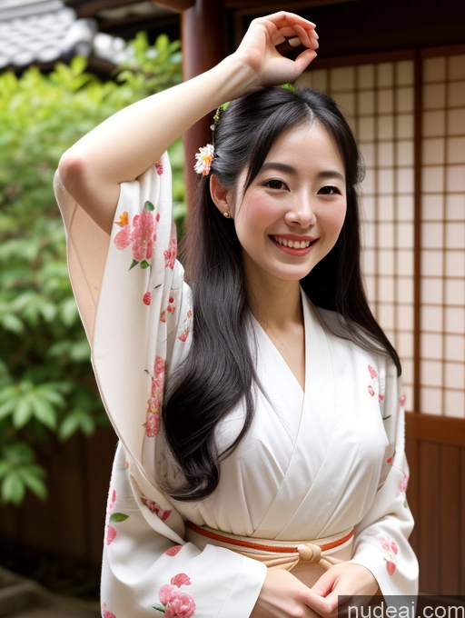 ai nude image of arafed asian woman in a kimono dress smiling and posing for a picture pics of Small Tits Small Ass Fairer Skin 20s Happy Black Hair Long Hair Kimono