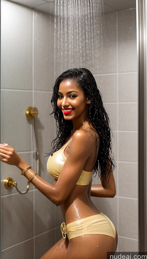 ai nude image of araffe woman in a yellow bikini standing in a shower pics of Gold Jewelry Egyptian Perfect Boobs Lipstick Small Ass Skinny Long Legs Perfect Body Dark Skin Oiled Body 18 Happy Seductive Sexy Face Shower Tanned Skin Cyborg Transparent Daisy Dukes