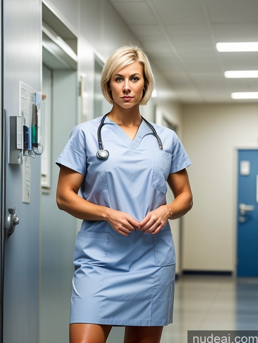 ai nude image of arafed woman in a blue scrub suit standing in a hallway pics of Bodybuilder Huge Boobs Muscular Big Ass Abs Big Hips 30s Sad Blonde Short Hair Scandinavian Front View Hospital Doctor