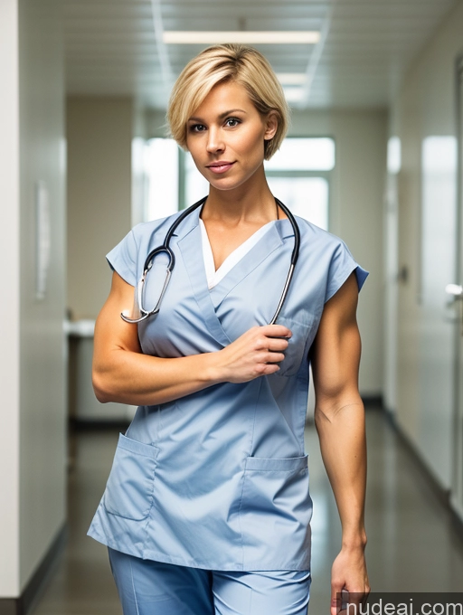 ai nude image of arafed woman in scrubs and a stethoscope walking down a hallway pics of Bodybuilder Huge Boobs Muscular Big Ass Abs Big Hips 30s Sad Blonde Short Hair Scandinavian Front View Hospital Doctor