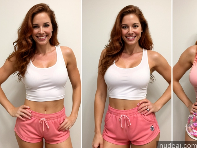 ai nude image of three pictures of a woman in pink shorts and a white tank top pics of Perfect Body Happy Ginger Front View Beautiful Perfect Boobs Short Shorts Tank Top Long Hair 30s