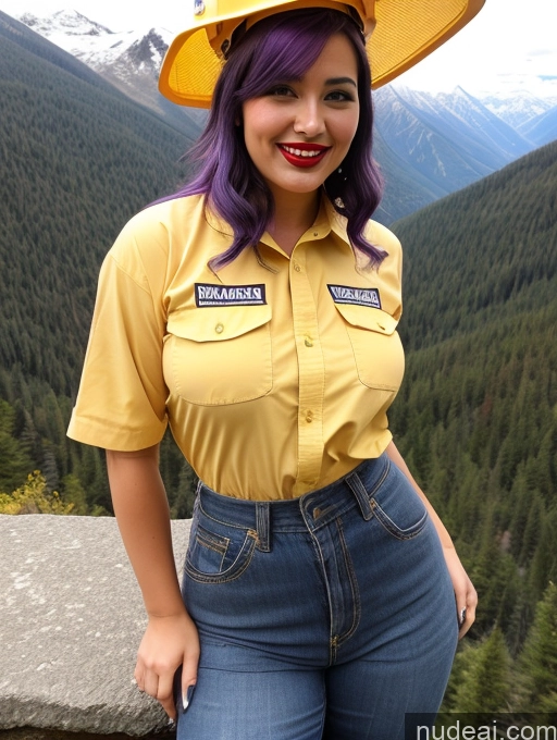 ai nude image of araffe wearing a yellow hat and blue jeans posing for a picture pics of Model One Perfect Boobs Beautiful Lipstick Thick Big Hips 20s Laughing Purple Hair Soft + Warm Mountains Bending Over Pearl Jewelry Front View Construction Worker