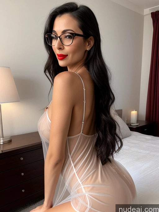 ai nude image of there is a woman in a sheered dress sitting on a bed pics of Czech 40s Black Hair Slicked Bedroom Cleavage Transparent Simple Skinny Nightgown Seductive Orgasm Small Tits Small Ass Long Legs Lipstick Glasses Side View Dress