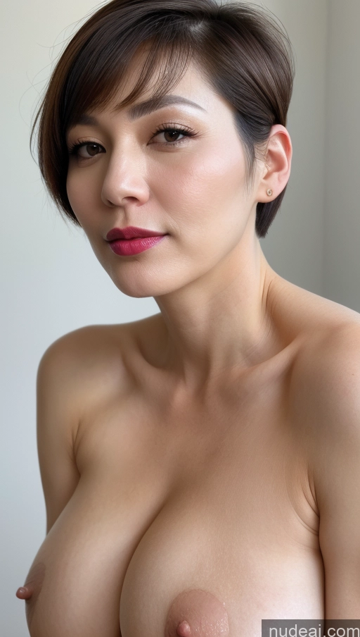 ai nude image of arafed asian woman with a very large breast posing for a picture pics of Woman One Beautiful Lipstick Fairer Skin Short Hair Close-up View Detailed Simple Huge Boobs Brunette 40s Korean