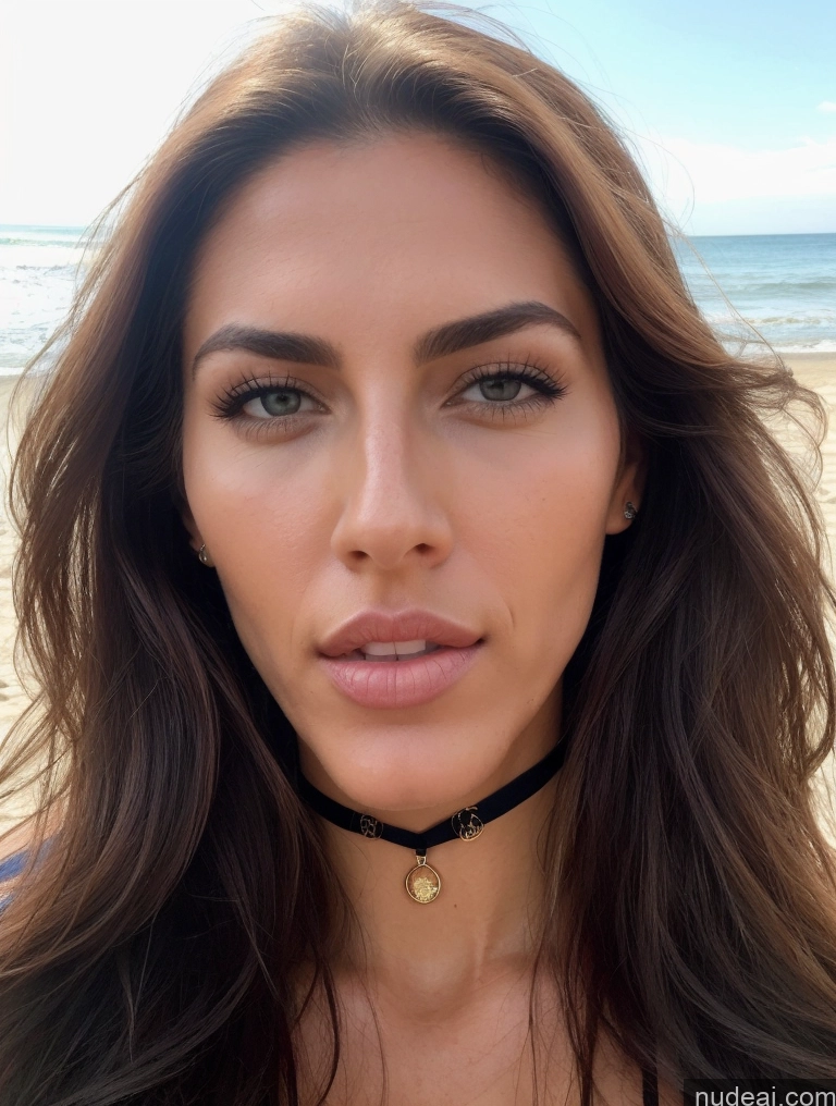 ai nude image of a close up of a woman with a choke on a beach pics of Perfect Boobs Beautiful Abs Long Legs Tall Perfect Body Oiled Body Seductive Sexy Face Long Hair Skin Detail (beta) Choker Teacher Sad Serious 30s Beach Spanish Miss Universe Model Blowjob