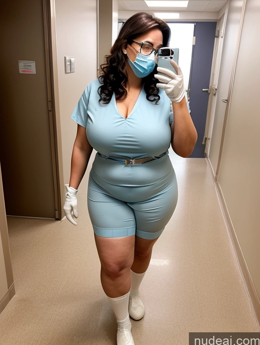 ai nude image of araffe in a blue dress and white gloves taking a selfie pics of Milf Beautiful Glasses Lipstick Chubby Curly Hair 40s Brunette Sexy Face Busty Hospital White Gloves Face Mask Nurse Long Legs Fat Huge Boobs Stockings