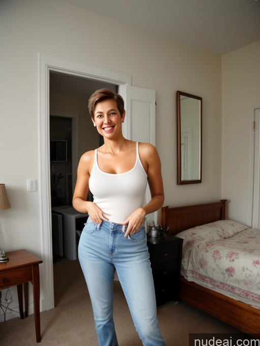 ai nude image of there is a woman standing in a bedroom with a bed and a mirror pics of Busty Big Ass Big Hips Long Legs Tall Pubic Hair 50s Happy Brunette Pixie White Wife Or Girlfriend High Heels Full Frontal Bedroom Jeans Tank Top Jeans Undone